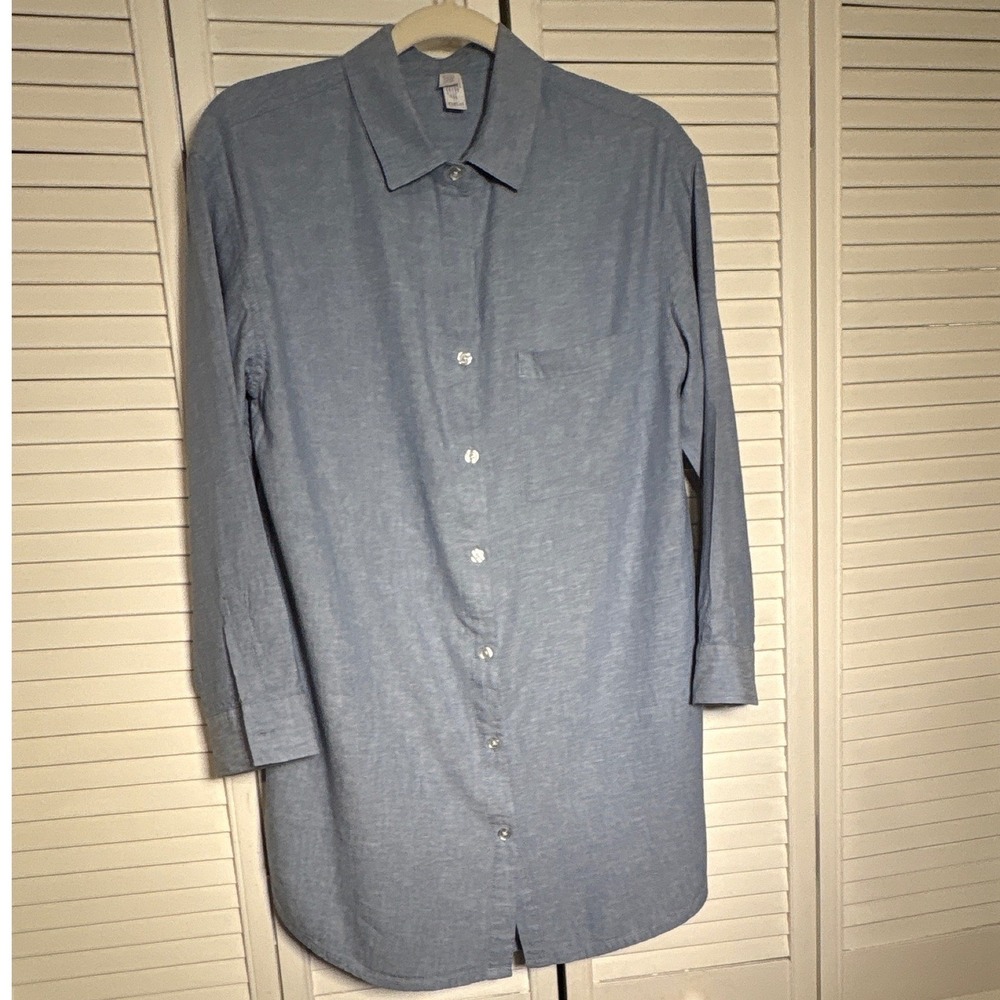 Stars Above Blue Linen Blend Button Down Sleep Shirt Tunic Medium Pajama Top